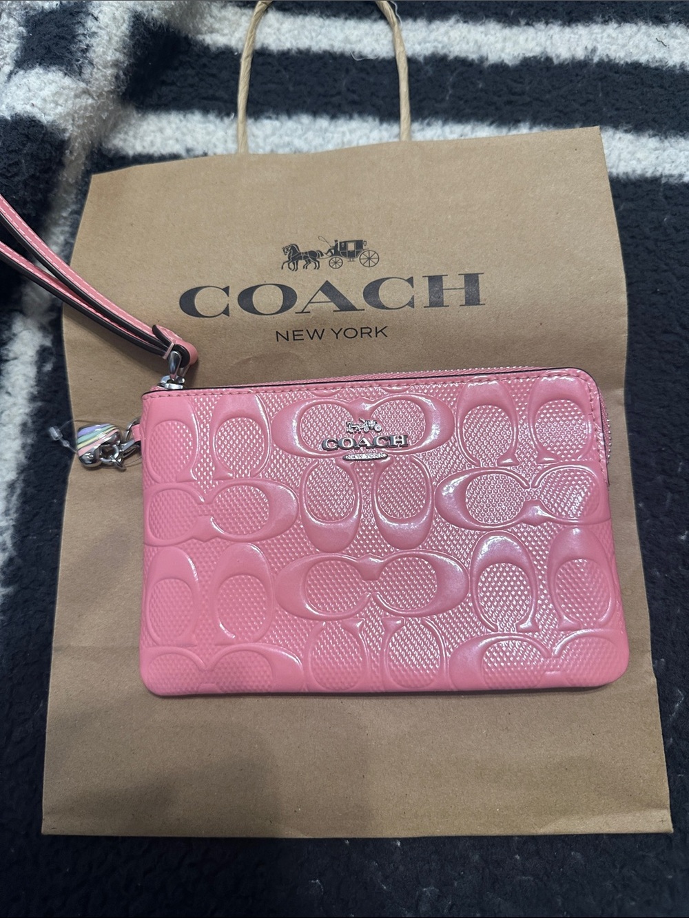Coach Pink Patent Signature Wristlet Pouch with  Strap w heart